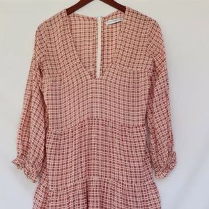 Faithfull The Brand US4 Small Pink Babydoll Dress Plaid Long Sleeve Mini Dress